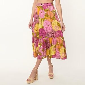 EUC 3X 20 Unique Vintage Pink Yellow Floral Midi Ruffle Skirt
